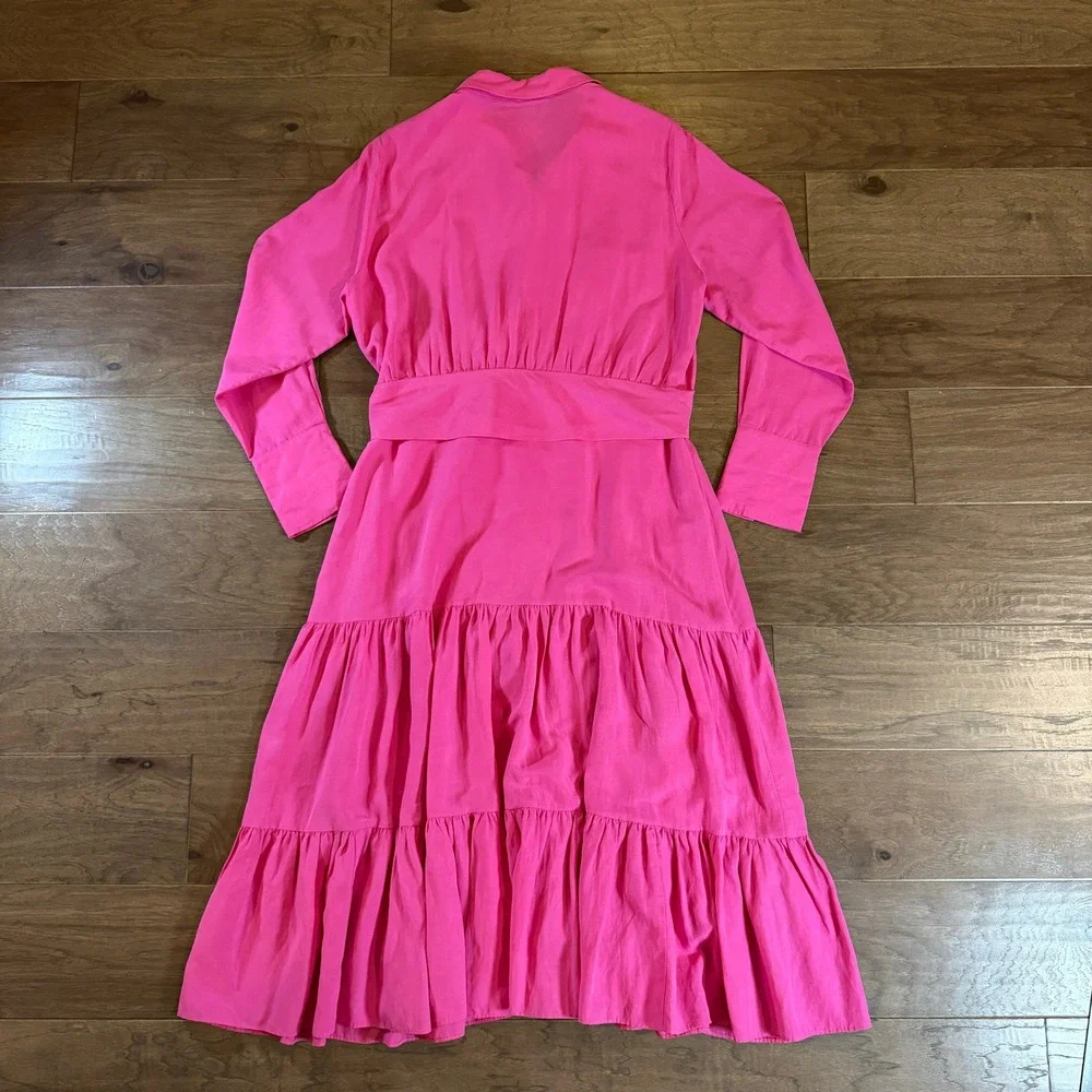 Kobi Halperin Pink Tencel Linen Tiered Midi Shirt Dress XL Hot Pink Long Slv - Picture 5 of 8